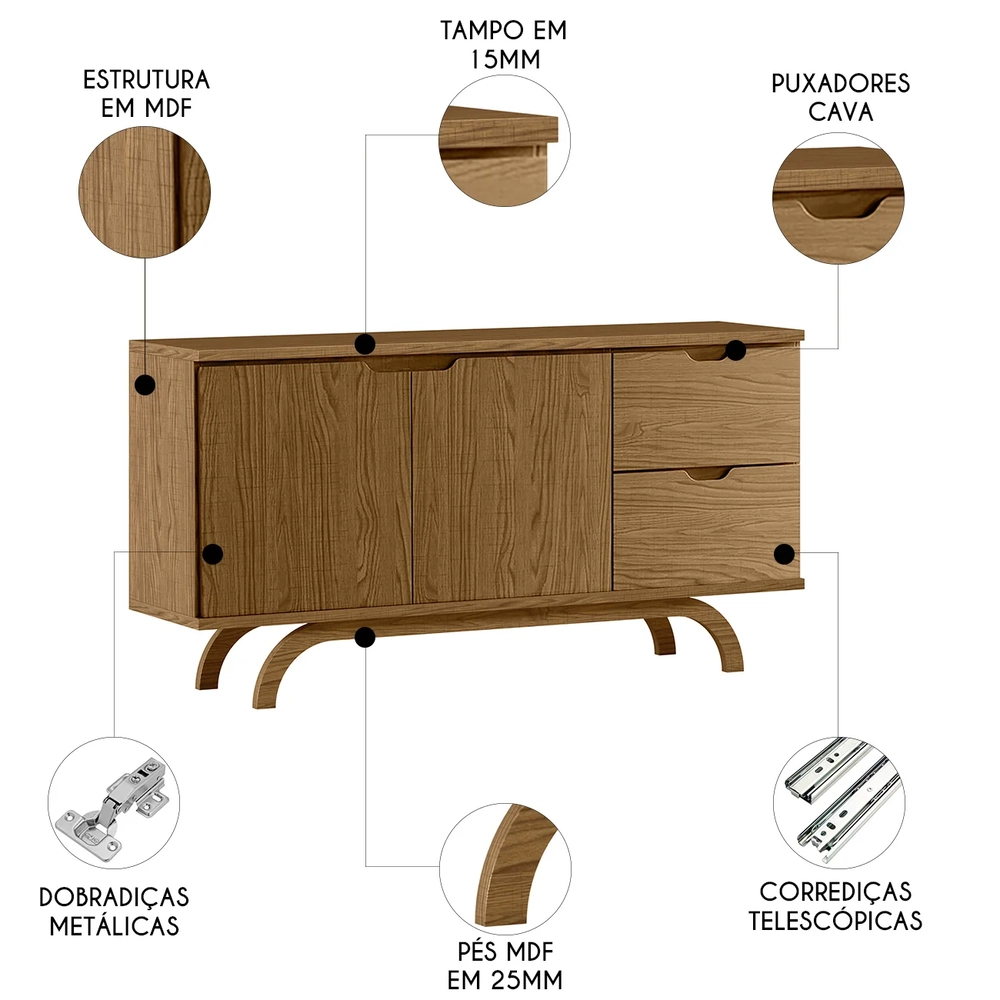 Buffet Aparador Sala de Estar 150cm 2 Portas Vinci Ypê N02  - Mpozenato