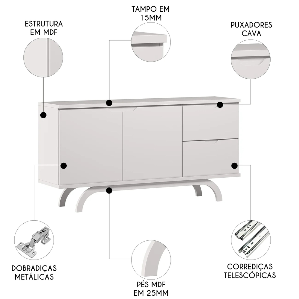 Buffet Aparador Sala de Estar 150cm 2 Portas Vinci Off N02  - Mpozenato