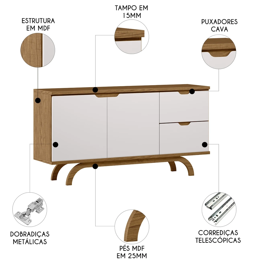 Buffet Aparador Sala de Estar 150cm 2 Portas Vinci Ypê/Off N02 - Mpozenato