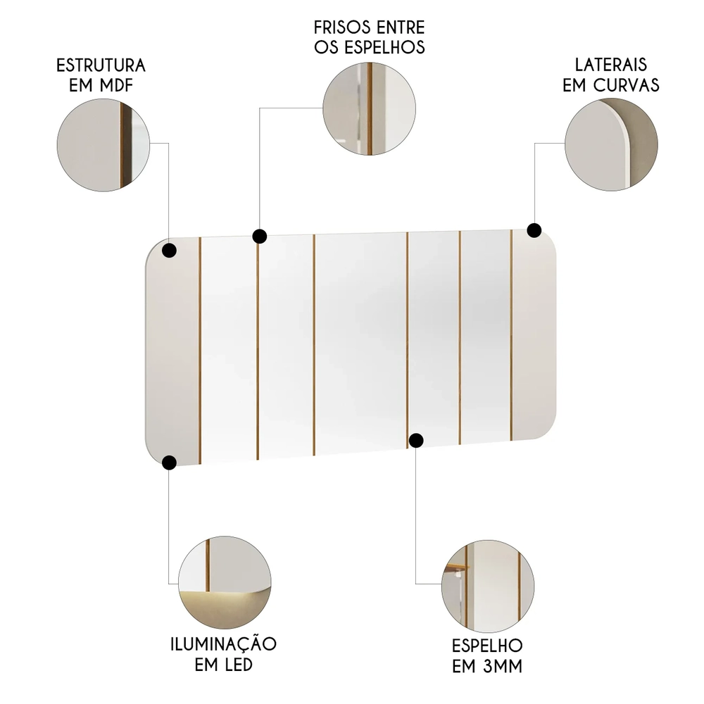 Espelho Decorativo Sala de Estar 152cm Com LED Zuni Off/Ypê N02 - Mpozenato
