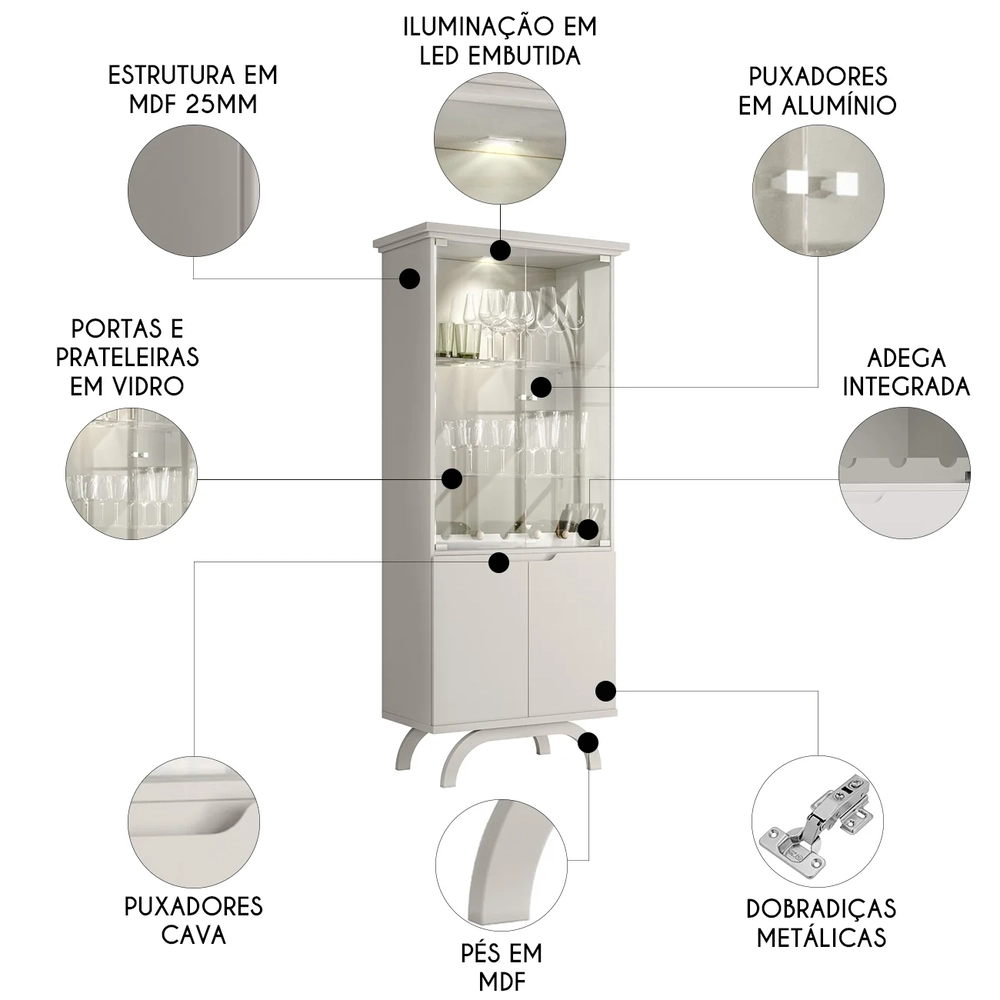 Cristaleira Porta de Vidro Com LED 71cm Vinci Off White N02 - Mpozenato