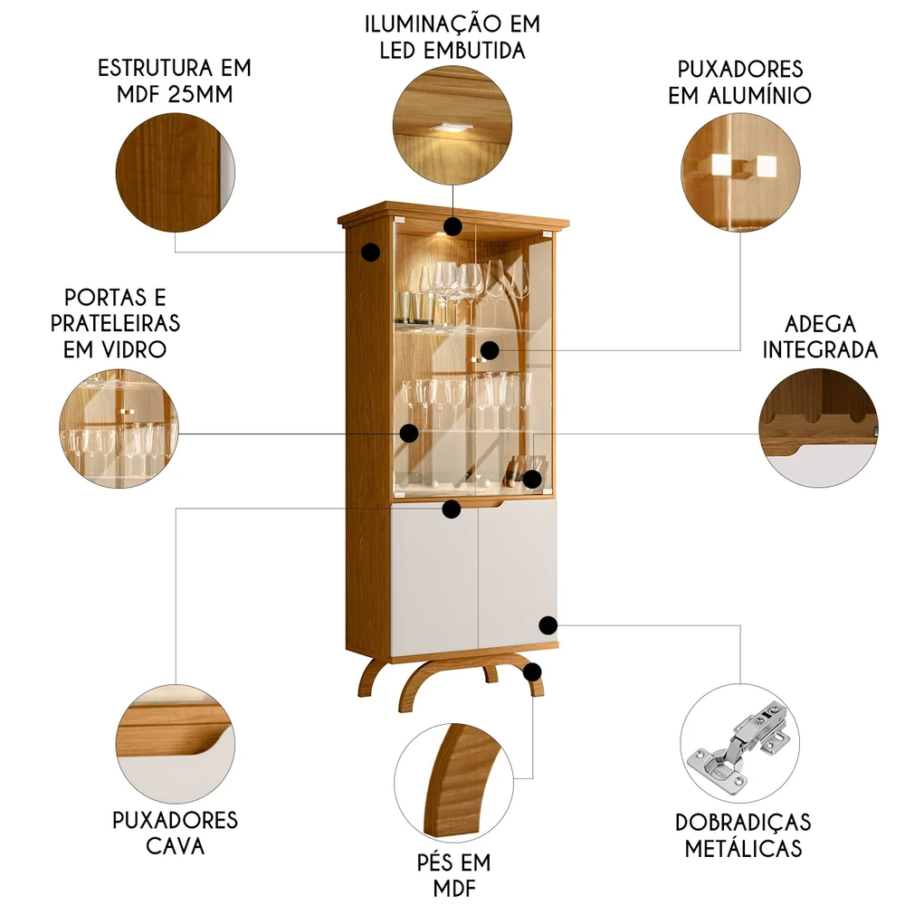 Cristaleira Porta de Vidro Com LED 71cm Vinci Ypê/Off White N02 - Mpozenato