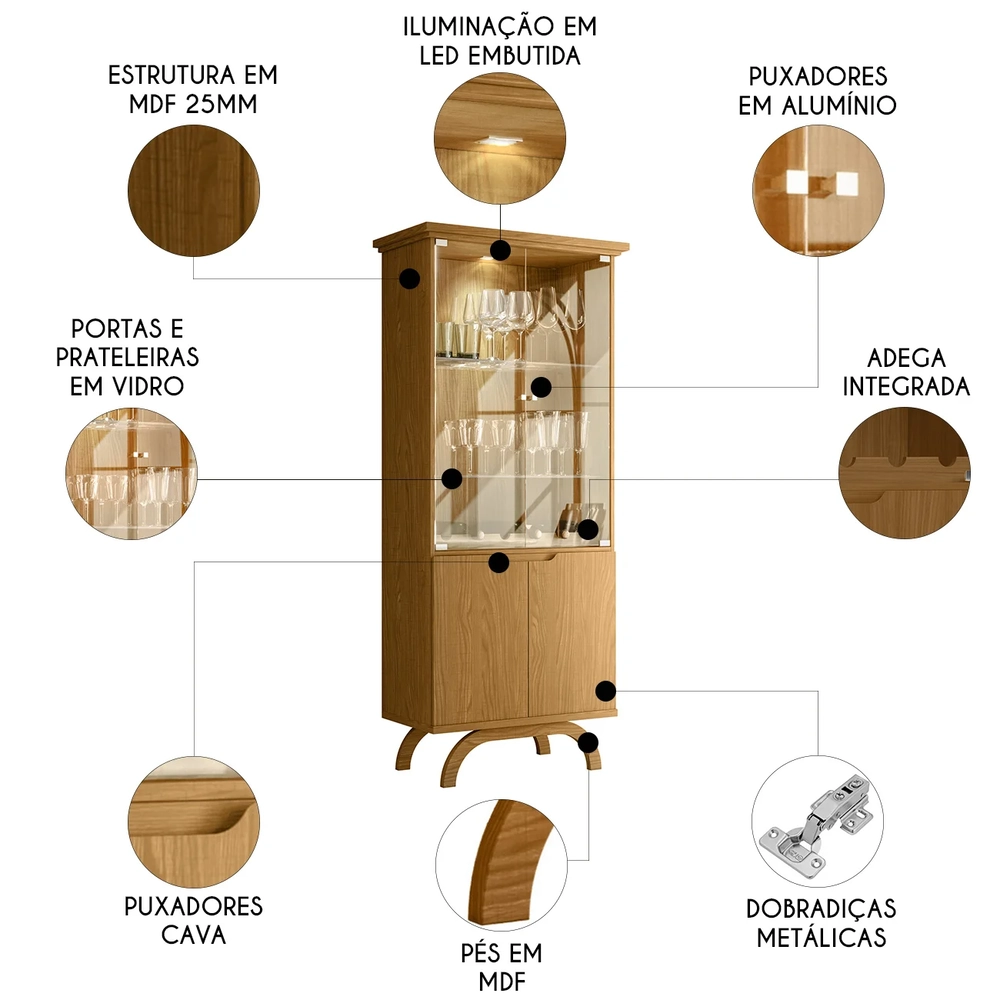 Cristaleira Porta de Vidro Com LED 71cm Vinci Ypê N02       - Mpozenato