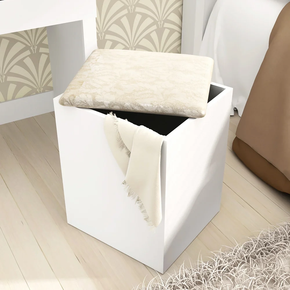 Puff Decorativo Baú 37,5cm Branco/Floral Pérola - Tecno Mobili