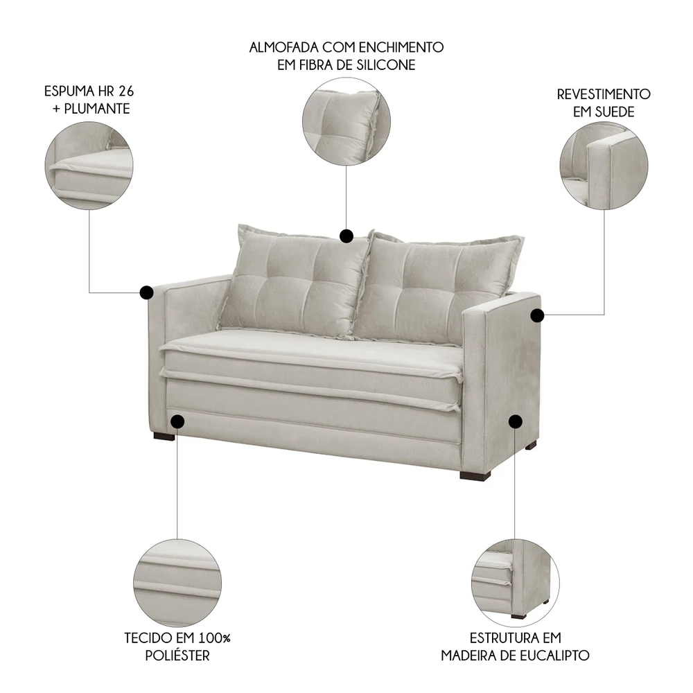 Sofá Cama Casal Articulável 2 Lugares Londres Suede Bege - D'Monegatto