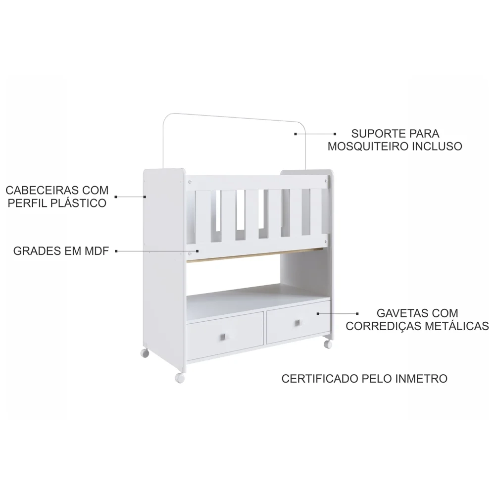 Mini Berço Moisés Certificado pelo Inmetro BY 510 2 Gavetas Branco - Completa Móveis