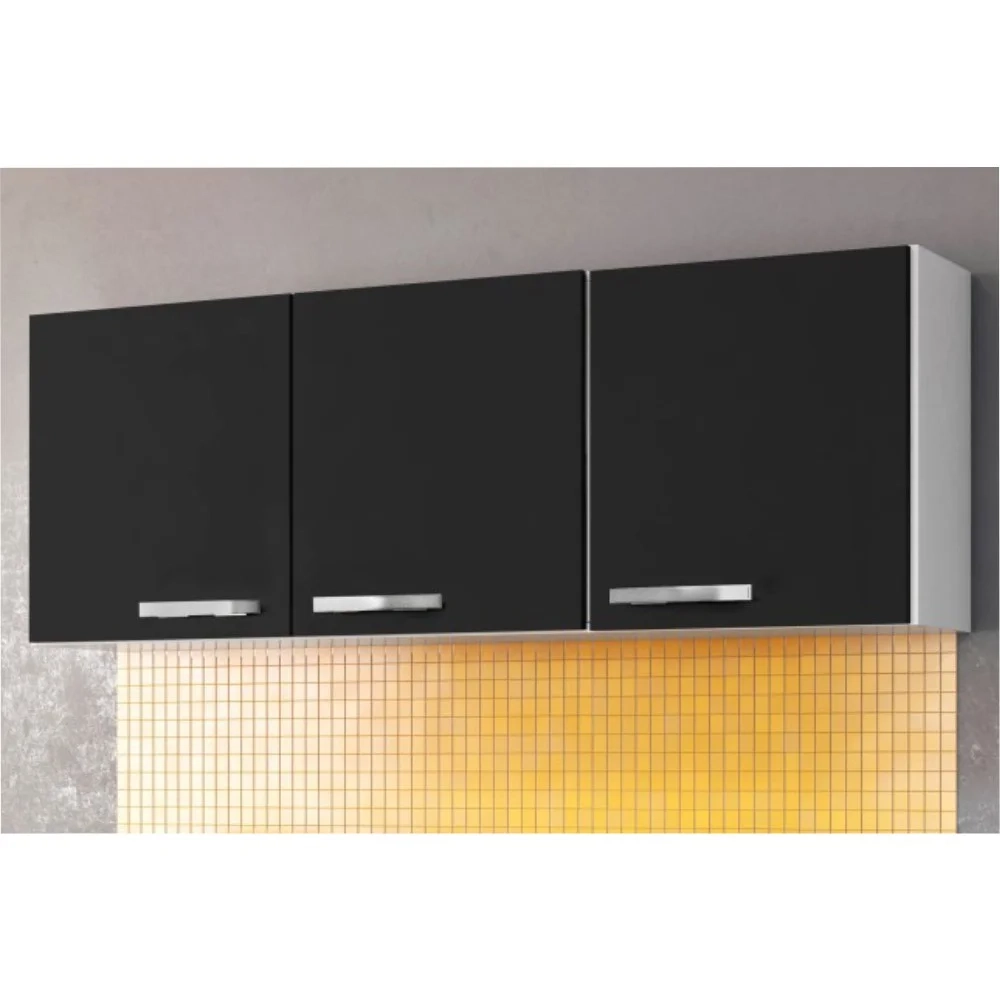 Armário Aéreo Parma 150cm 3 Portas Branco/Preto - Lumil Móveis