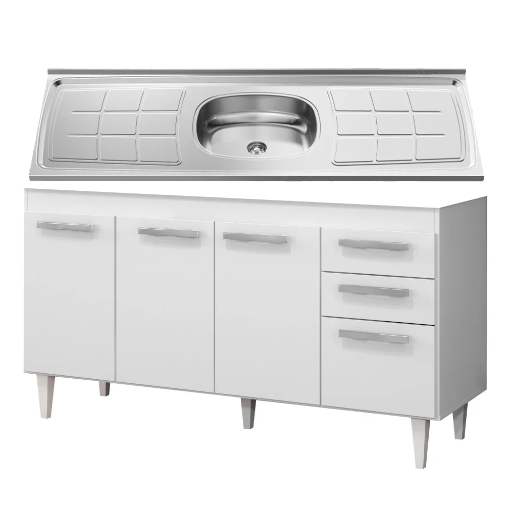 Balcão Gabinete com Pia Inox 150cm Lisboa Branco - Lumil Móveis