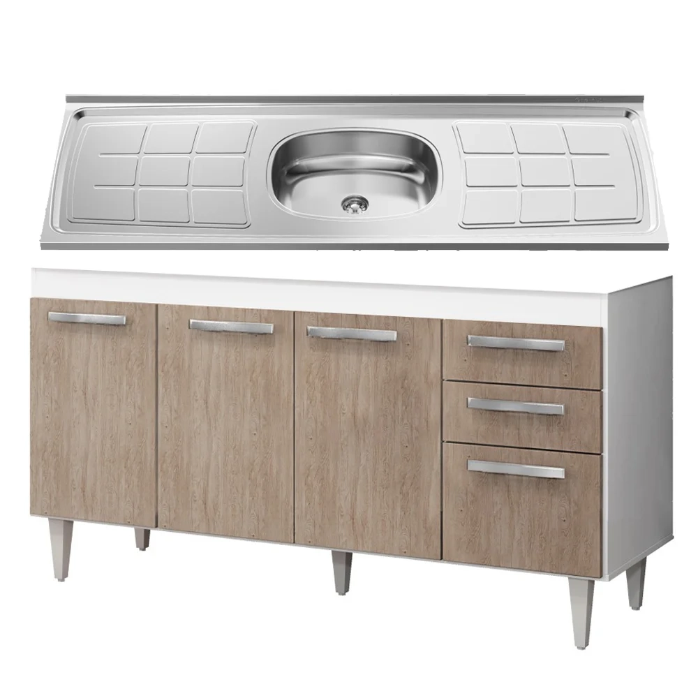 Balcão Gabinete com Pia Inox 150cm Lisboa Branco/Castanho - Lumil Móveis