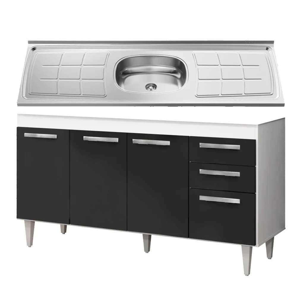 Balcão Gabinete Lisboa com Pia Inox 150cm 4 Portas Branco/Preto - Lumil Móveis