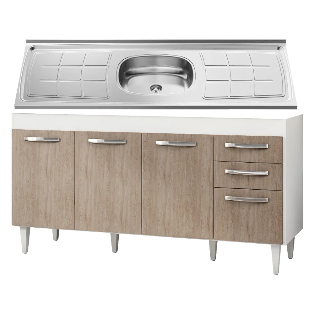 Balcão Gabinete Áustria com Pia Inox 160cm 4 Portas Branco/Castanho - Lumil Móveis