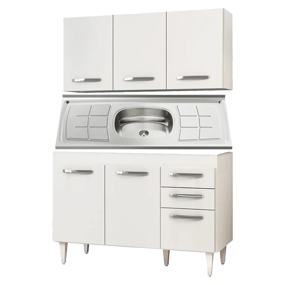 Armário Aéreo Honduras e Balcão Gabinete Suécia com Pia Inox 120cm Branco - Lumil Móveis