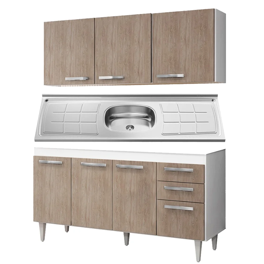 Armário Aéreo Parma e Balcão Gabinete Lisboa com Pia Inox 150cm Branco/Castanho - Lumil Móveis