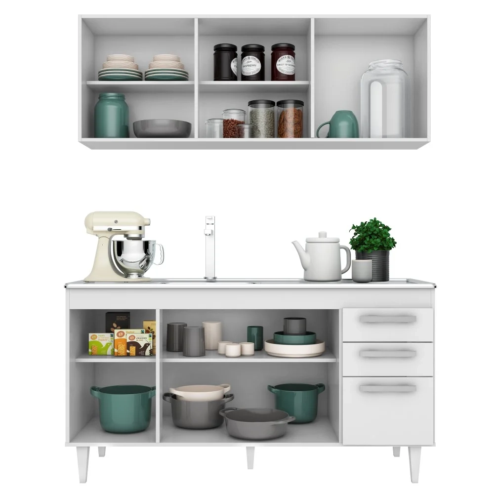 Armário Aéreo Parma e Balcão Gabinete Lisboa com Pia Inox 150cm Branco - Lumil Móveis