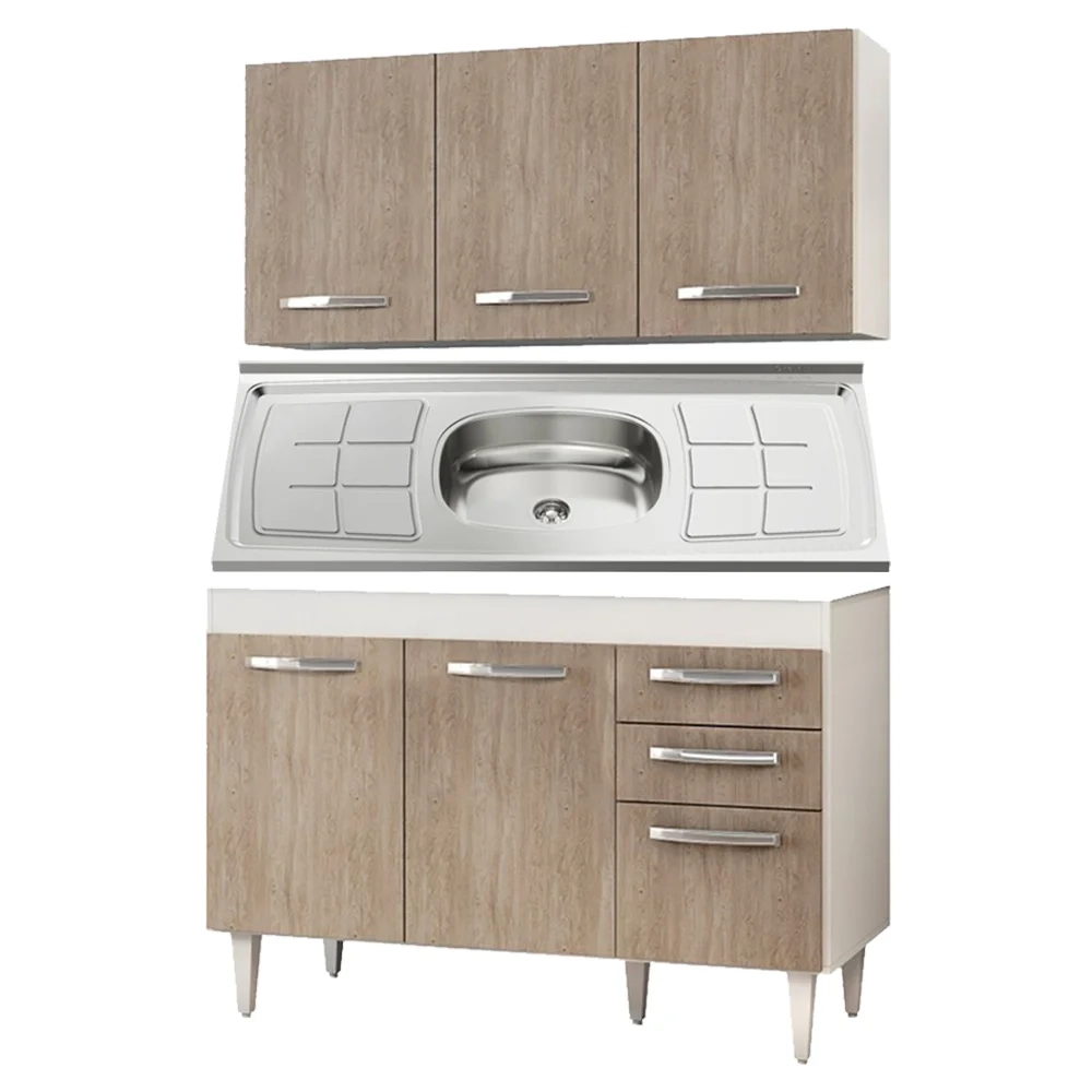 Armário Aéreo Honduras e Balcão Gabinete Suécia com Pia Inox 120cm Branco/Castanho - Lumil Móveis