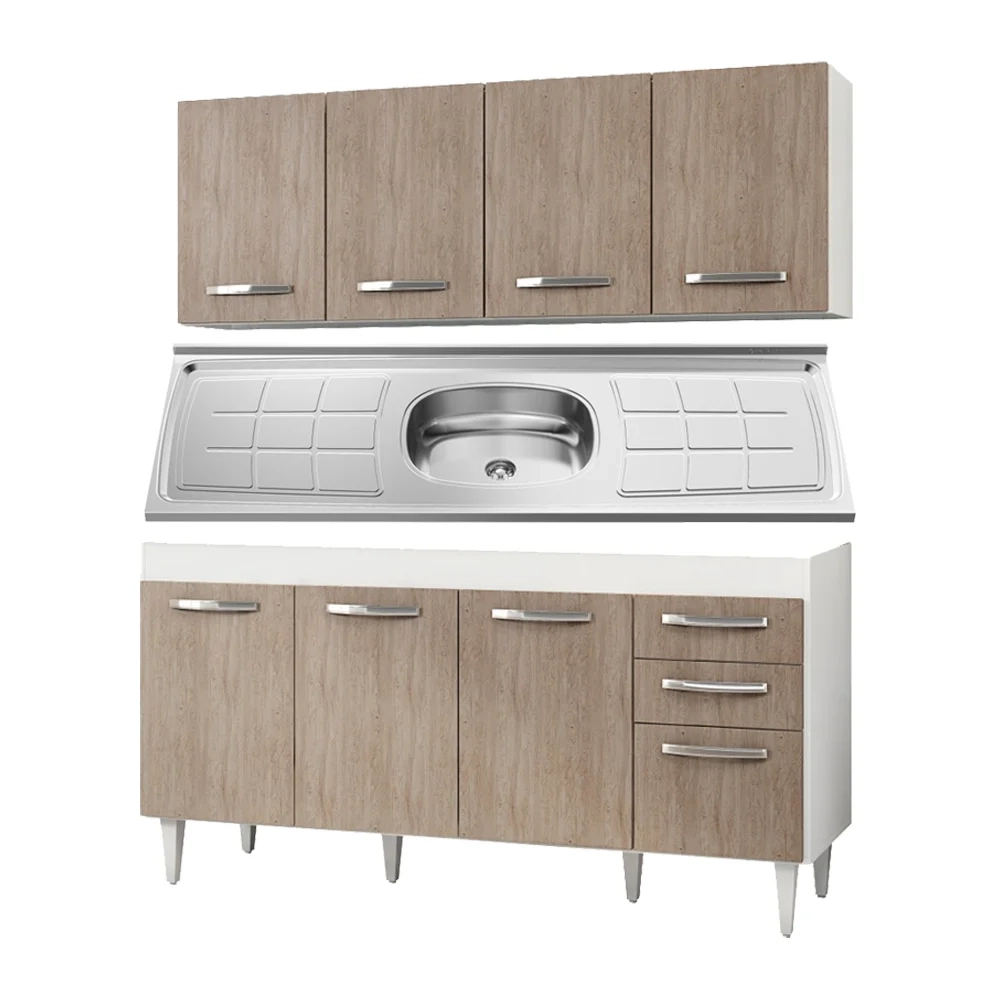 Armário Aéreo Panamá e Balcão Gabinete Áustria com Pia Inox 160cm Branco/Castanho - Lumil Móveis