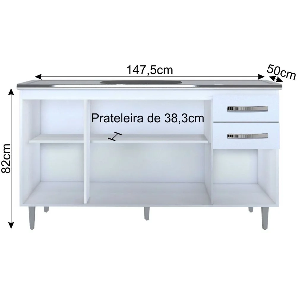 Armário Aéreo Parma e Balcão Gabinete Para Pia 150cm Lisboa Branco - Lumil Móveis