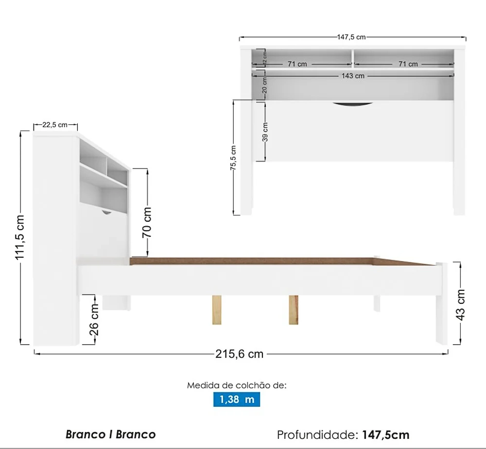 Cama Casal Invicta com Baú Branco - Santos Andirá