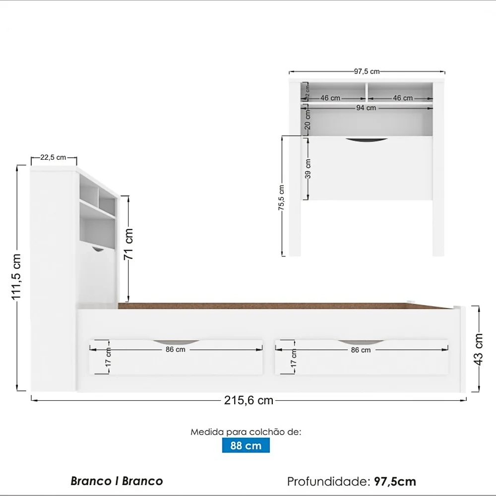 Cama Solteiro Invicta com 2 Gavetas Branco - Santos Andirá