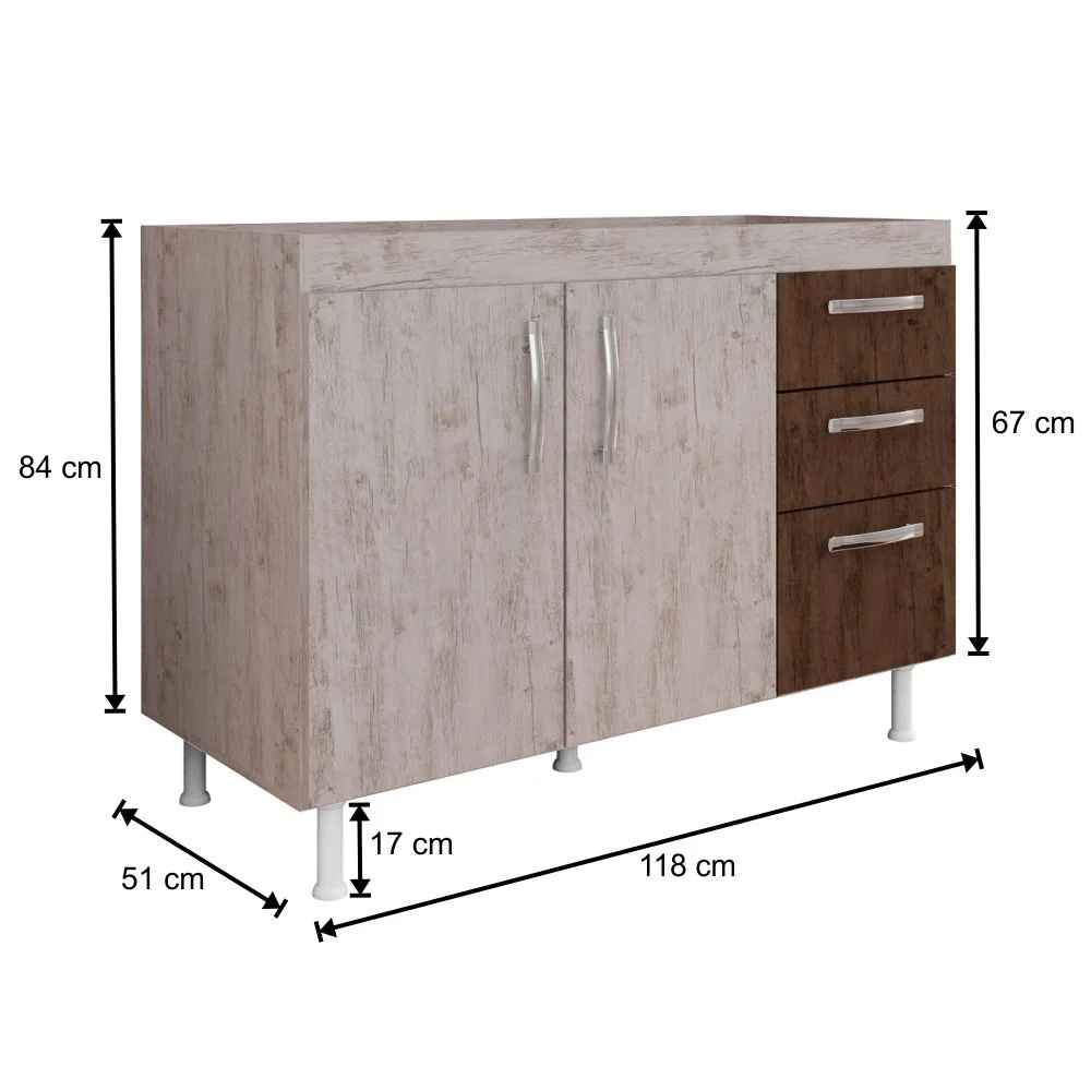 Balcão Gabinete Para Pia 120cm Nathan 2 Portas Rústico/Chocolate - Nathy Móveis