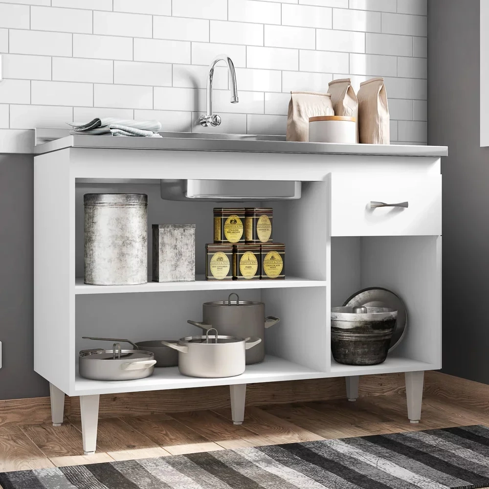 Balcão Gabinete Com Pia Inox 120cm 3 Portas e 1 Gaveta Flex Gabriela Branco/Preto - AJL Móveis