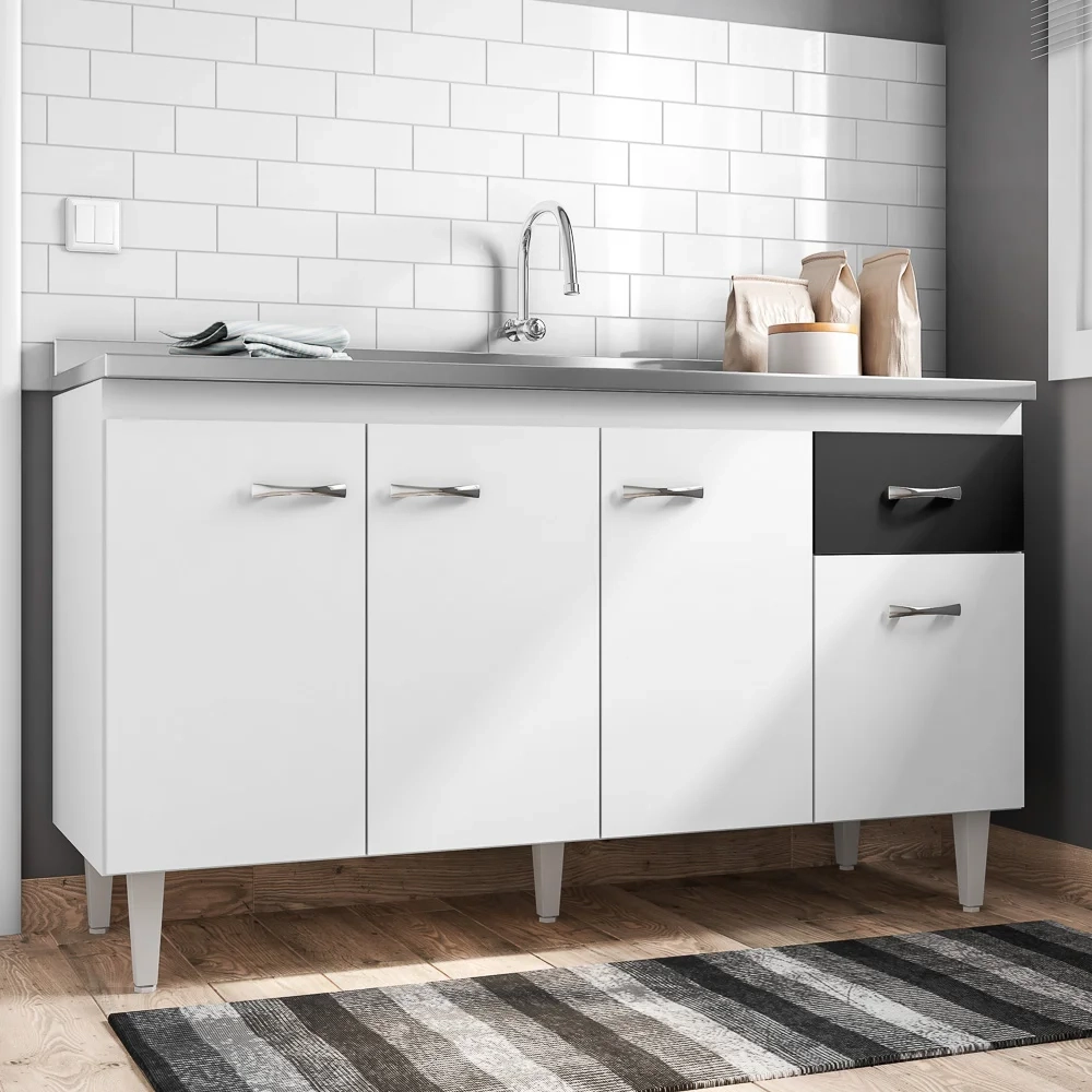 Balcão Gabinete Com Pia Inox 150cm 4 Portas Gabriela Branco/Preto - AJL Móveis