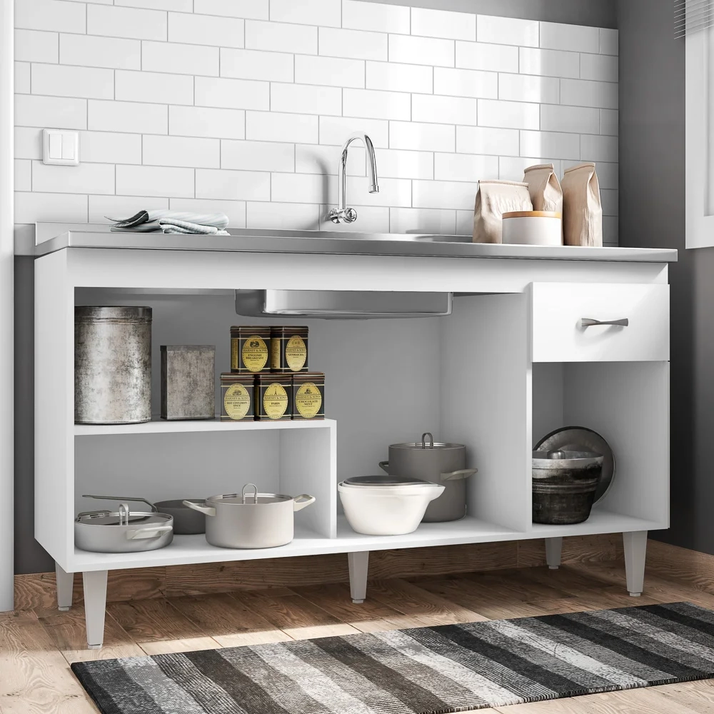 Balcão Gabinete Com Pia Inox 150cm 4 Portas Gabriela Branco/Preto - AJL Móveis