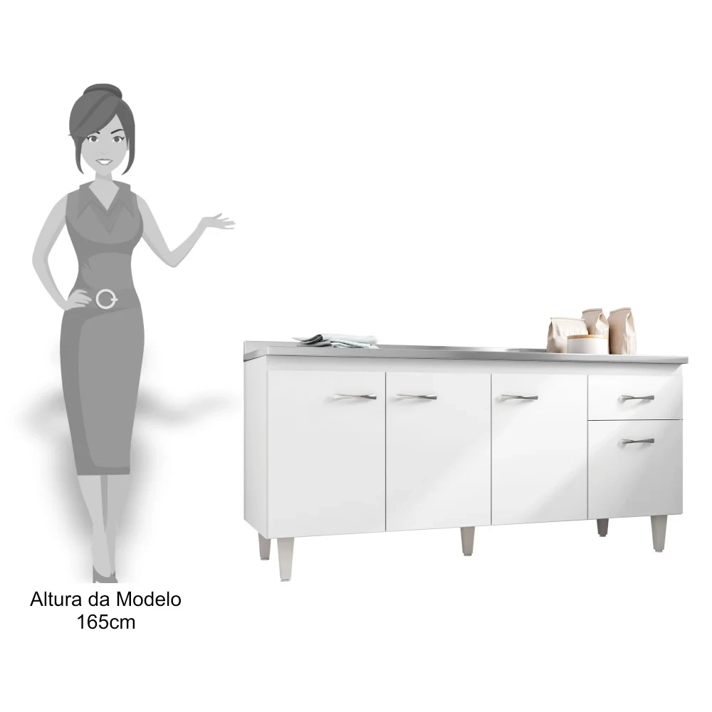 Balcão Gabinete Com Pia Inox 150cm 4 Portas Gabriela Branco/Preto - AJL Móveis