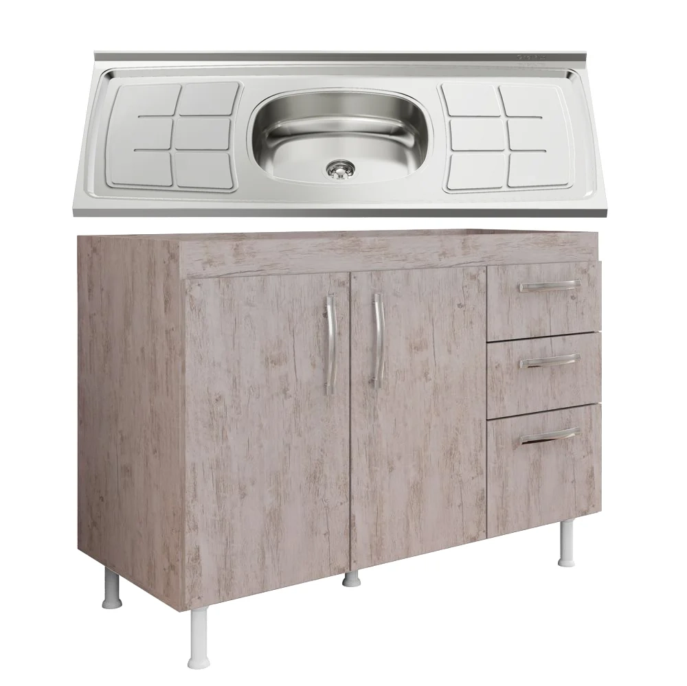 Balcão Gabinete Nathan com Pia Inox 120cm 2 Portas Rústico - Nathy Móveis