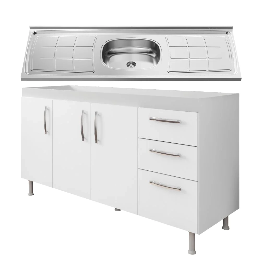 Balcão Gabinete Nathan com Pia Inox 160cm 3 Portas Branco - Nathy Móveis