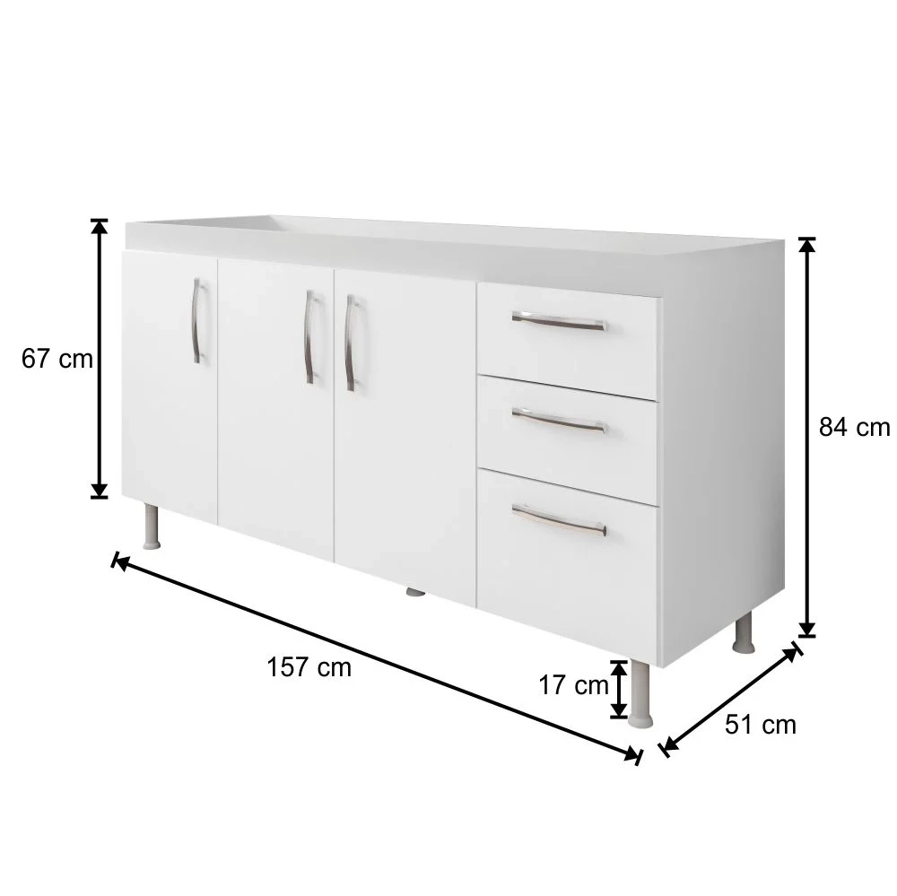 Balcão Gabinete Nathan com Pia Inox 160cm 3 Portas Branco - Nathy Móveis