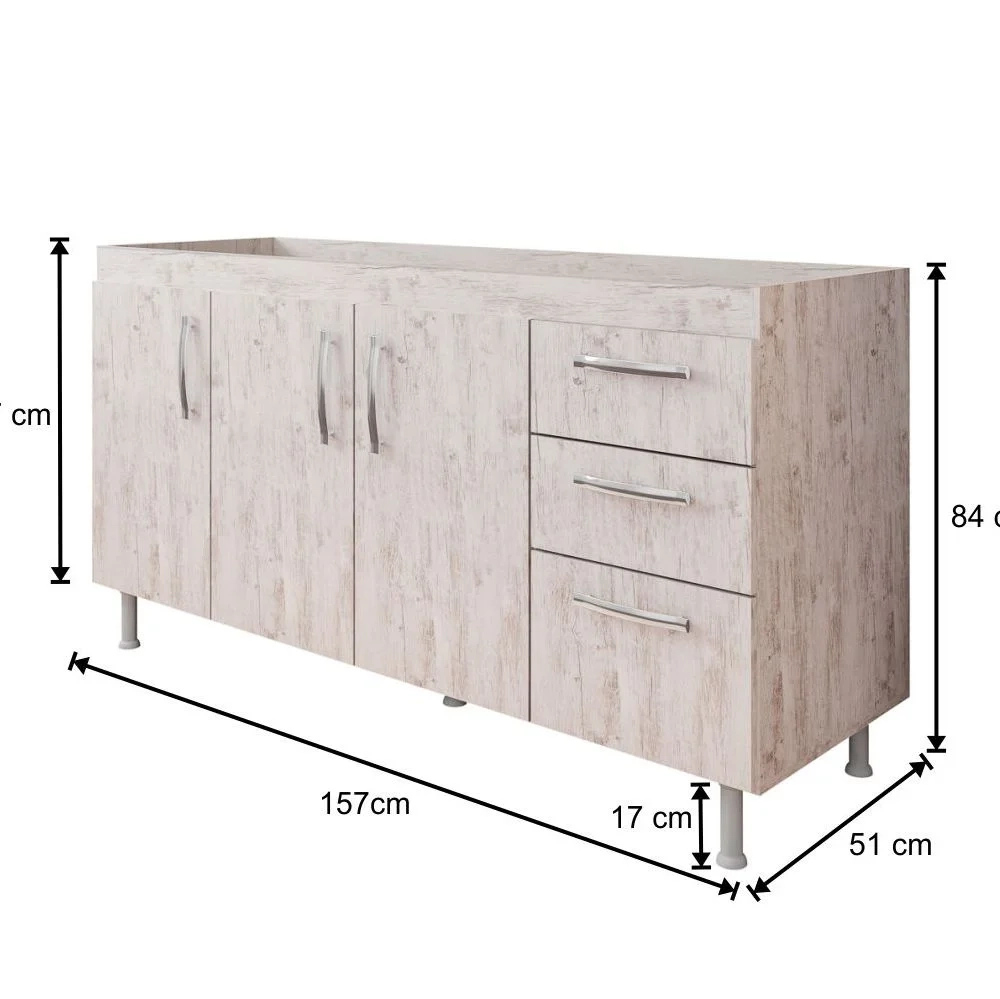 Balcão Gabinete Nathan com Pia Inox 160cm 3 Portas Rústico - Nathy Móveis