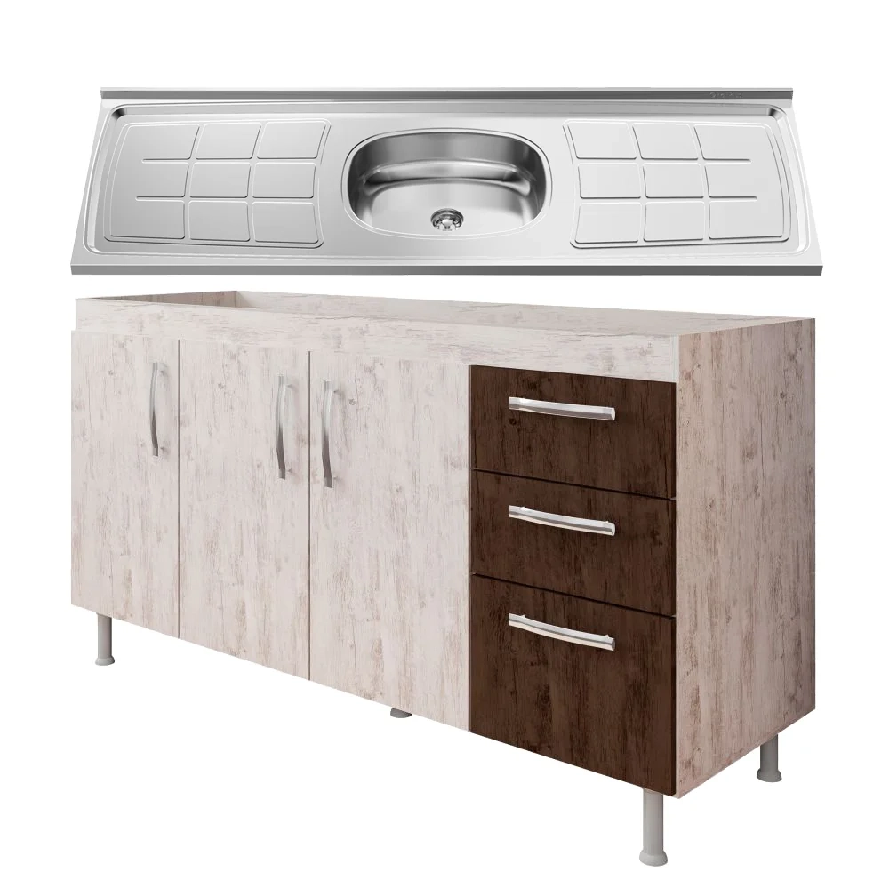 Balcão Gabinete Nathan com Pia Inox 160cm 3 Portas Rústico/Chocolate - Nathy Móveis