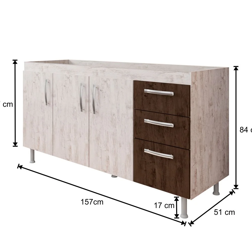 Balcão Gabinete Nathan com Pia Inox 160cm 3 Portas Rústico/Chocolate - Nathy Móveis