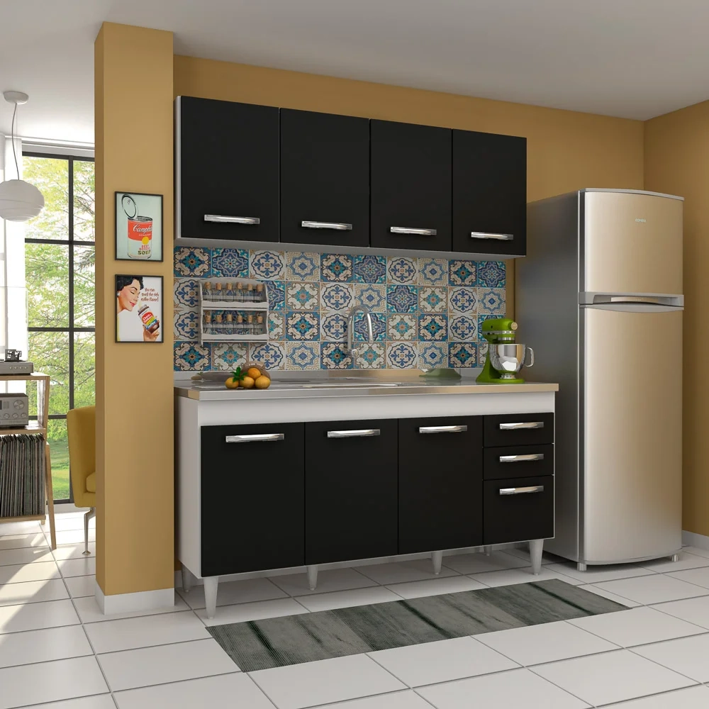 Armário Aéreo Panamá e Balcão Gabinete Para Pia 160cm Áustria sem Tampo Branco/Preto - Lumil Móveis