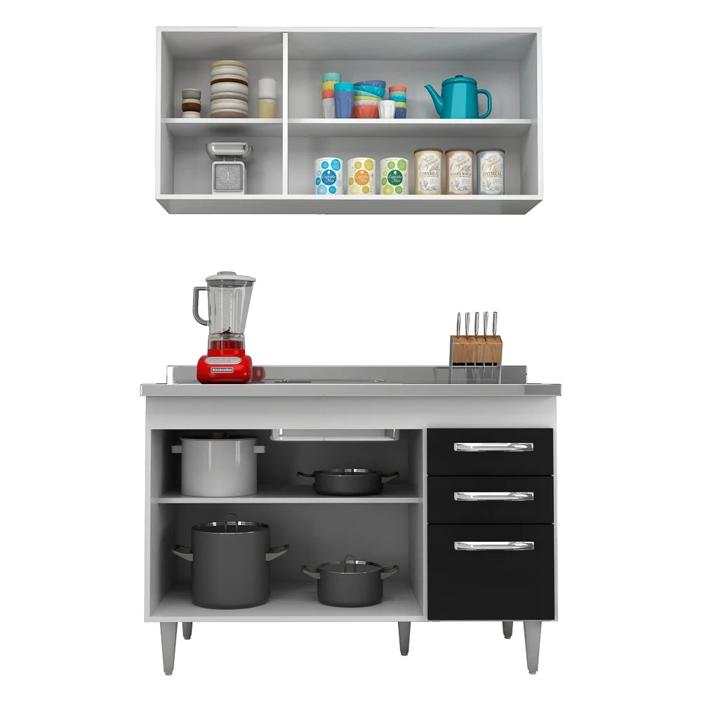 Armário Aéreo Honduras e Balcão Gabinete Suécia com Pia Inox 120cm Branco/Preto - Lumil Móveis