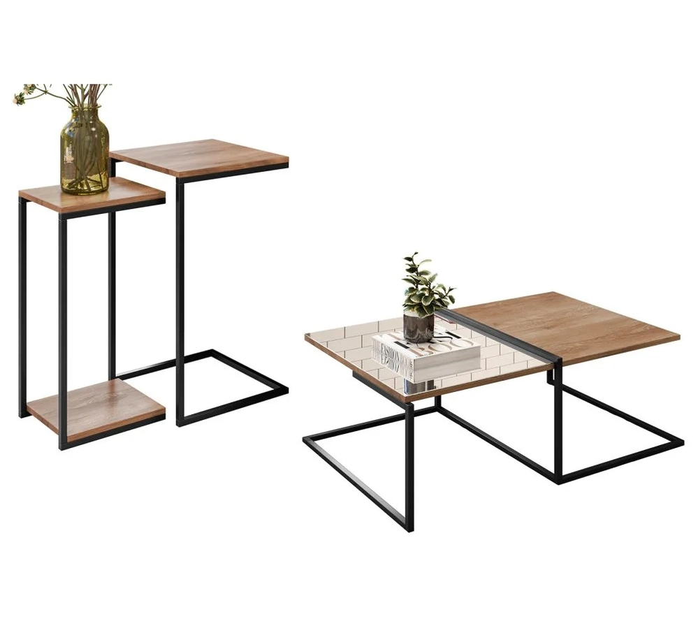 Mesa de Centro Espelhada e 2 Mesas Laterais Pés Metálicos Estilo Industrial Loft D09 Demolição/Preto - Mpozenato