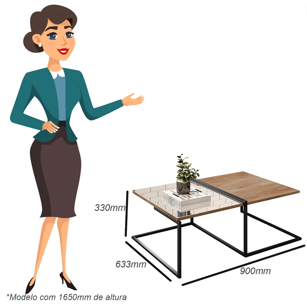 Mesa de Centro Espelhada e 2 Mesas Laterais Pés Metálicos Estilo Industrial Loft D09 Demolição/Preto - Mpozenato