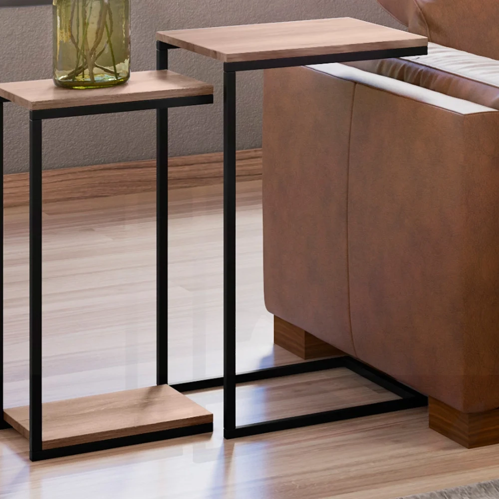 Mesa de Centro Espelhada e 2 Mesas Laterais Pés Metálicos Estilo Industrial Loft D09 Demolição/Preto - Mpozenato