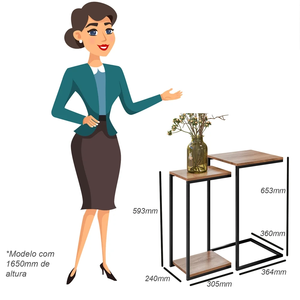 Mesa de Centro Espelhada e 2 Mesas Laterais Pés Metálicos Estilo Industrial Loft D09 Demolição/Preto - Mpozenato