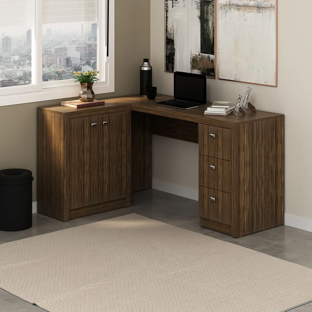 Mesa para Home Office com Gavetas e 2 Portas Nogal - Tecno Mobili