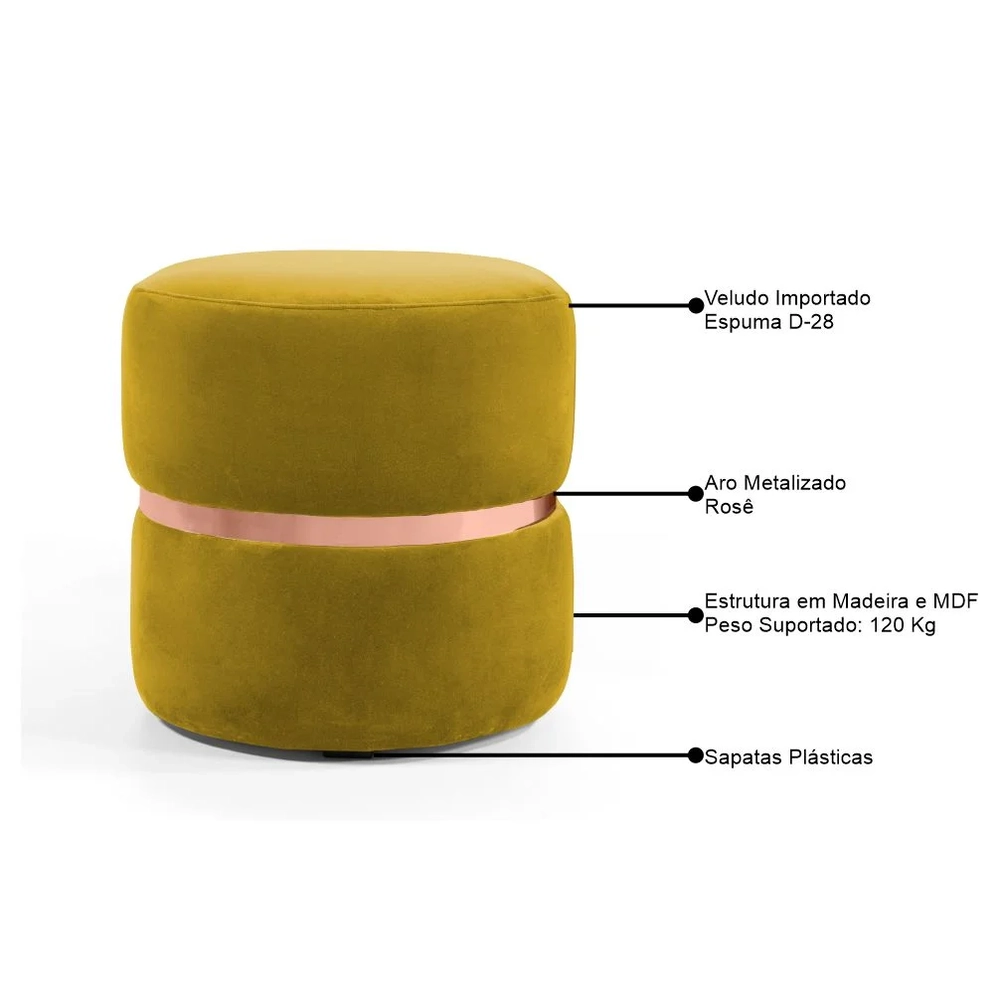 Kit 2 Puffs Decorativos Com Cinto Rosê Round C-279 Veludo Amarelo - Domi