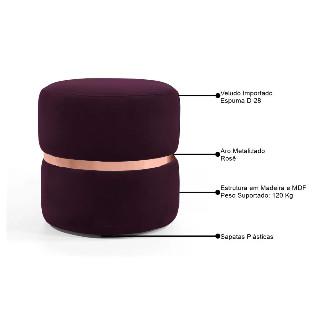Kit 2 Puffs Decorativos Com Cinto Rosê Round C-292 Veludo Uva - Domi