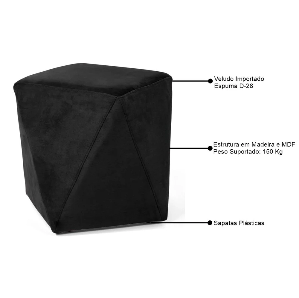 Kit 2 Puffs Decorativos Ametista C-300 Veludo Preto - Domi