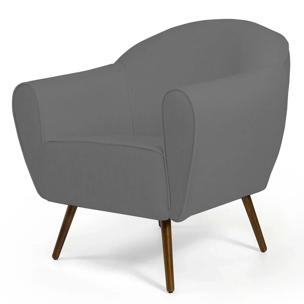 Kit 02 Poltronas Decorativas Nina Pés Palito Madeira C-416 Linho Cinza Escuro - Domi