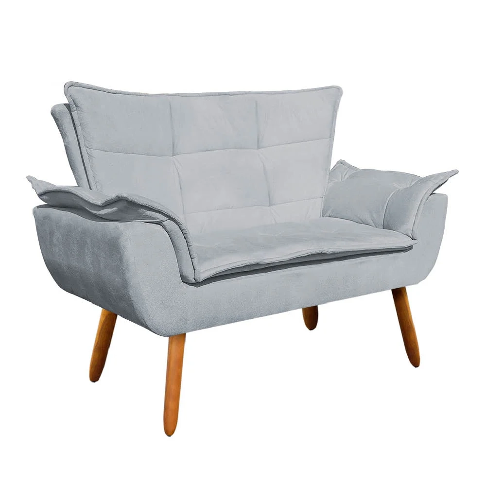 Kit Namoradeira 2 Lugares e 1 Poltrona Decorativa Giratória Cromada Opla Suede Cinza - Ibiza