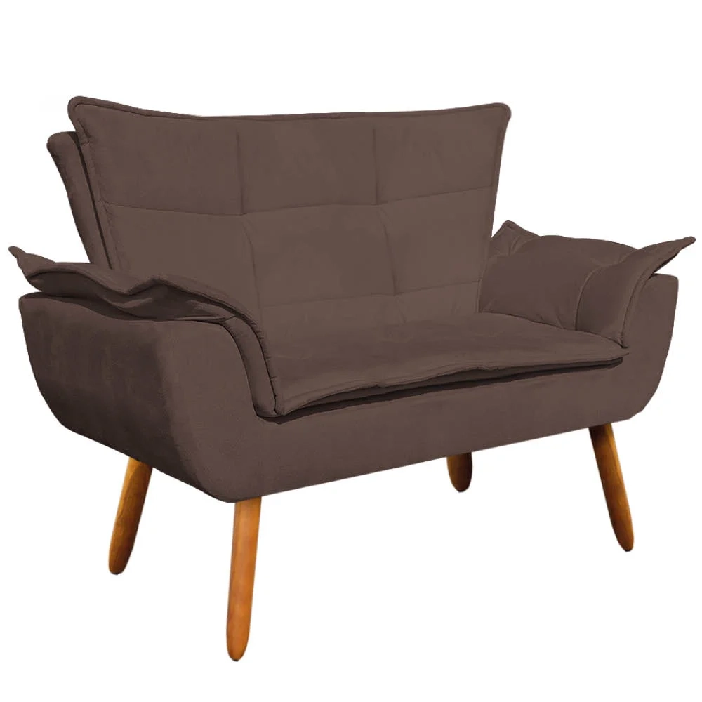 Kit Namoradeira 2 Lugares e 1 Poltrona Decorativa Giratória Madeira Opla Suede Marrom - Ibiza
