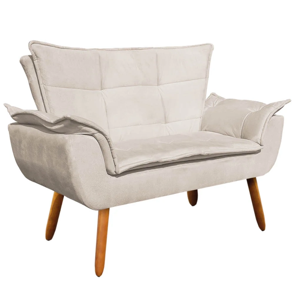 Kit Namoradeira 2 Lugares e 1 Poltrona Decorativa Pés Palito Opla Suede Bege - Ibiza