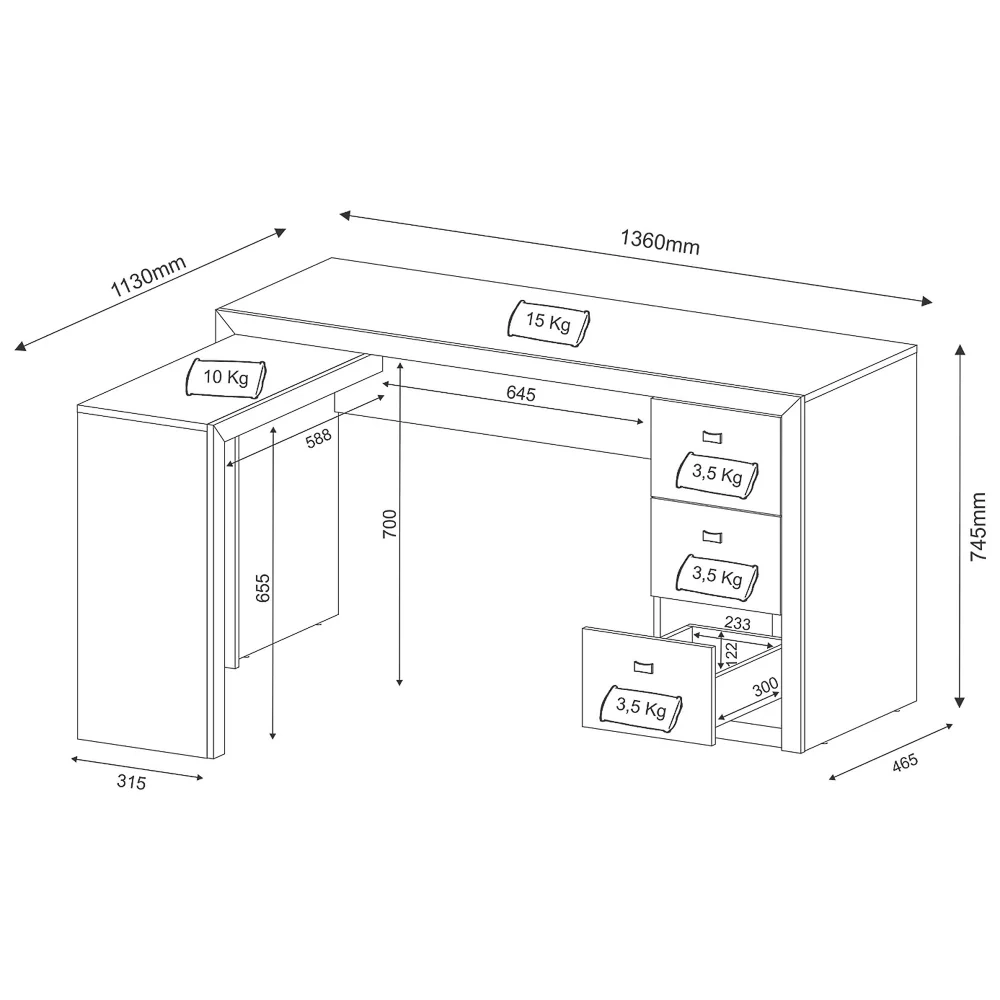 Mesa Em L Para Escritório 3 Gavetas ME4101 Rústico - Tecno Mobili