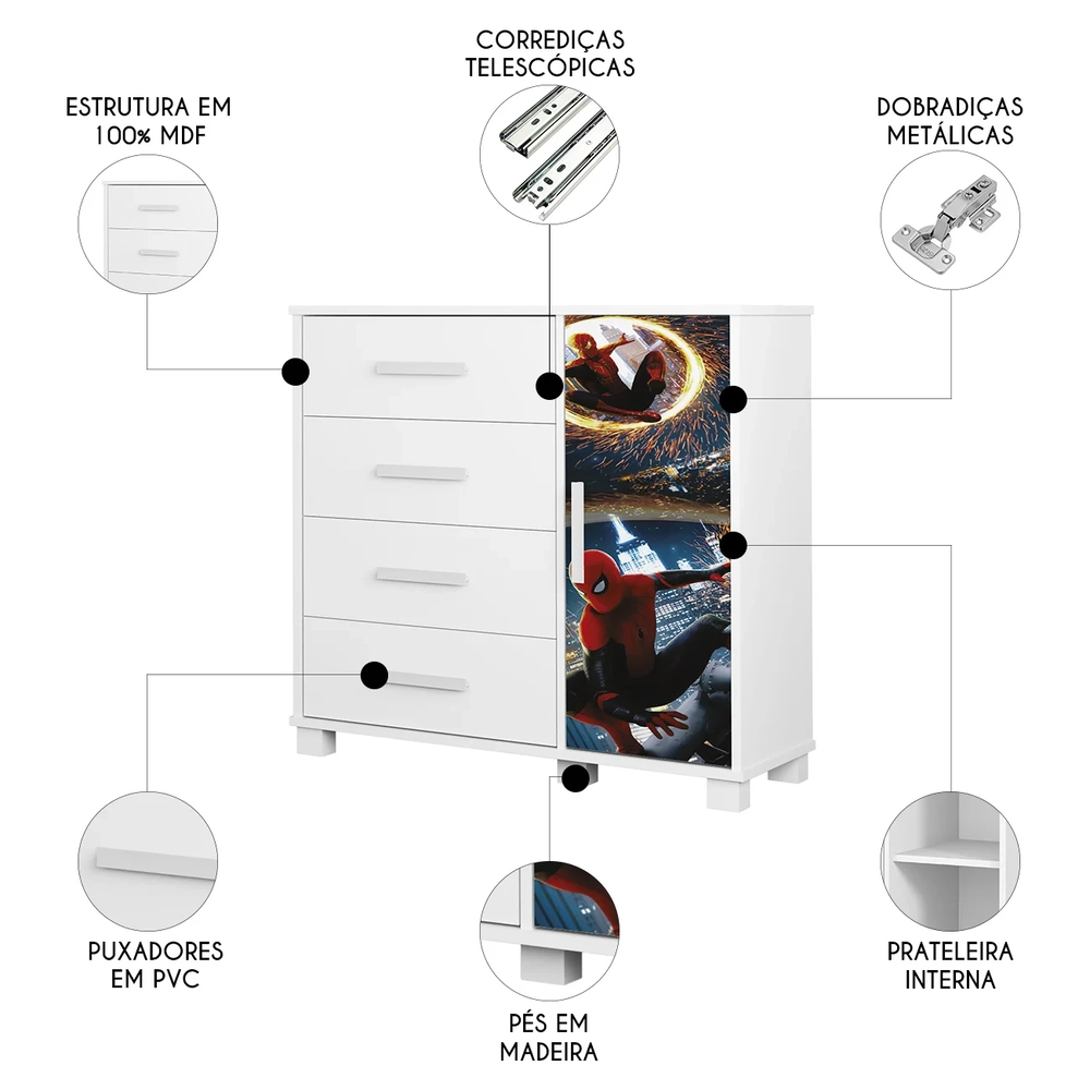 Cômoda Infantil Para Quarto 80cm 4 Gavetas Herói Aranha Z53 - Mpozenato